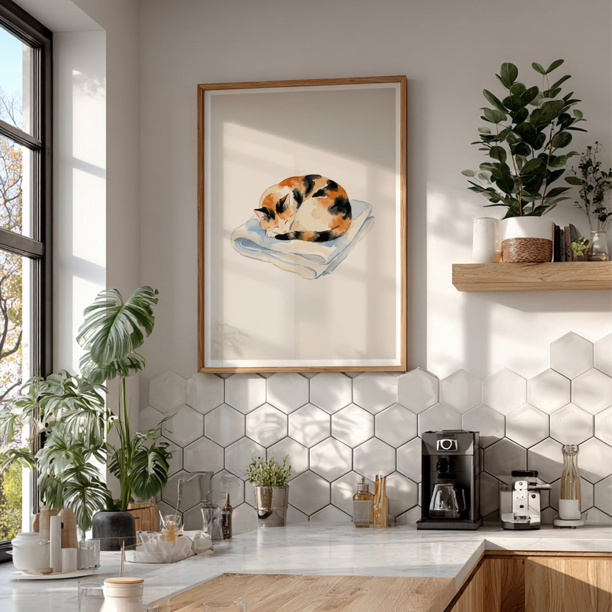 Watercolour poster of a sleeping calico cat curled up on a light blue blanket