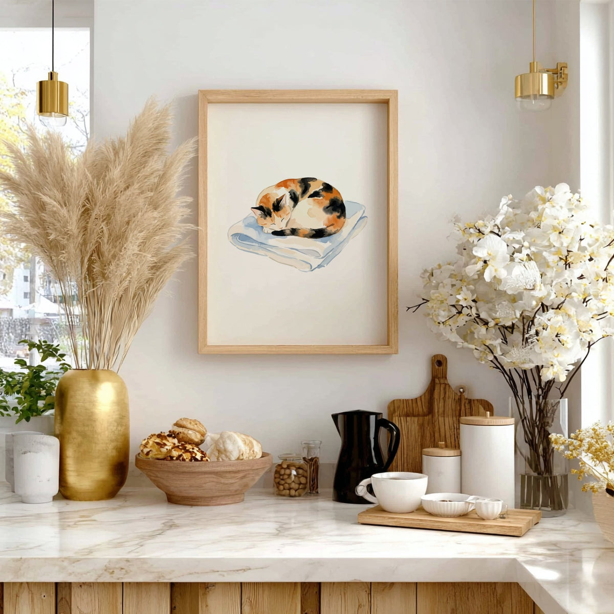 Watercolour poster of a sleeping calico cat curled up on a light blue blanket