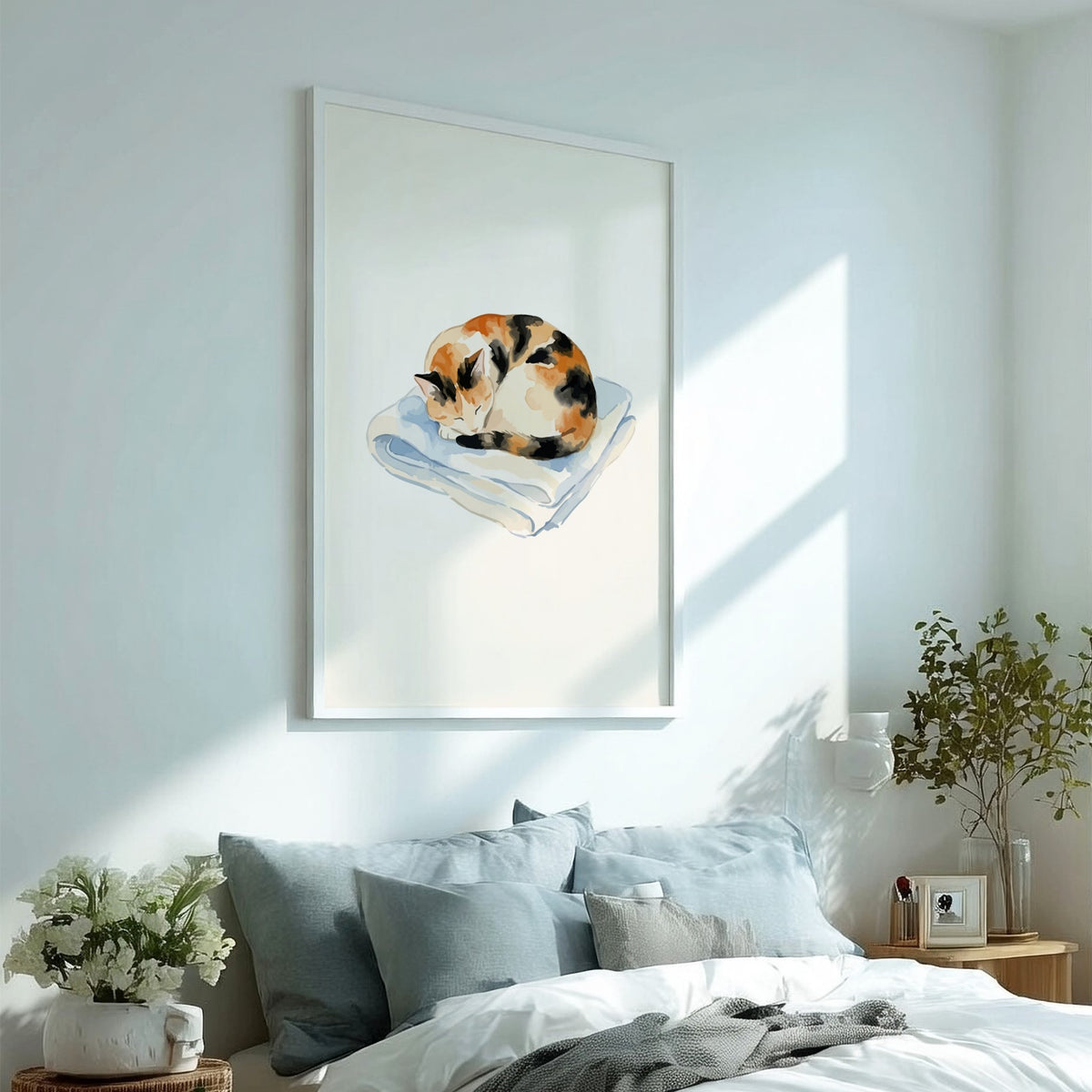 Watercolour poster of a sleeping calico cat curled up on a light blue blanket