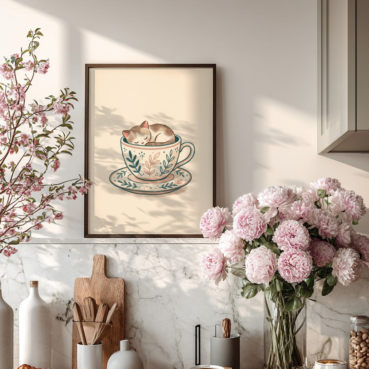 Poster of a small tabby kitten sleeping inside a floral patterned tea cup saucer