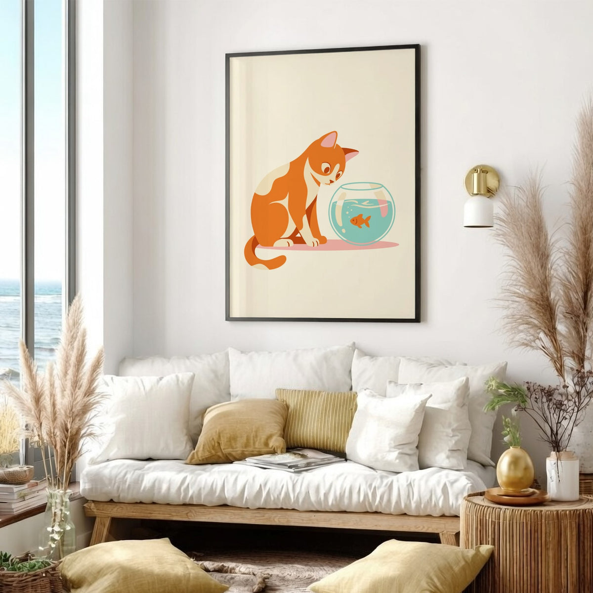 Minimalist poster showing a ginger cat looking at a goldfish in a glass bowl.