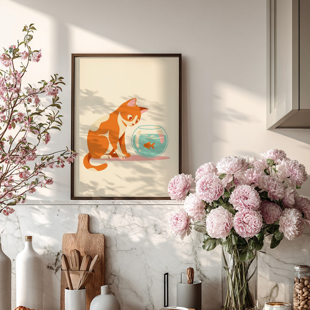 Minimalist poster showing a ginger cat looking at a goldfish in a glass bowl.