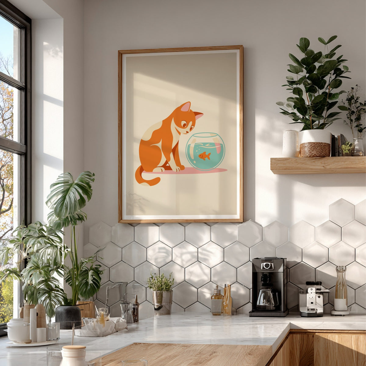 Minimalist poster showing a ginger cat looking at a goldfish in a glass bowl.
