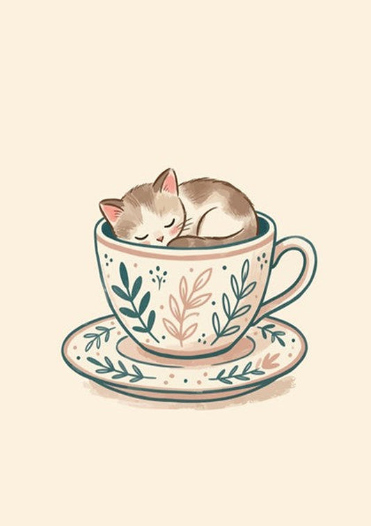 Poster of a small tabby kitten sleeping inside a floral patterned tea cup saucer