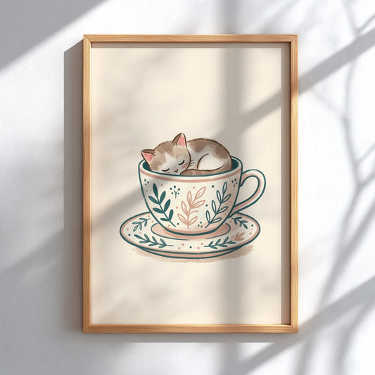 Poster of a small tabby kitten sleeping inside a floral patterned tea cup saucer