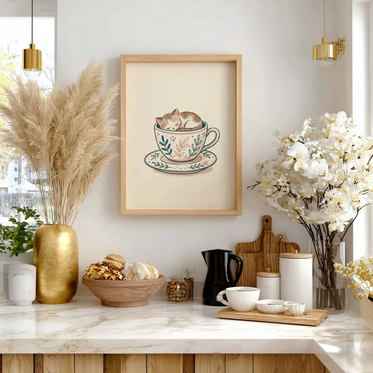Poster of a small tabby kitten sleeping inside a floral patterned tea cup saucer