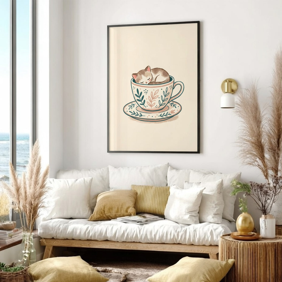 Poster of a small tabby kitten sleeping inside a floral patterned tea cup saucer