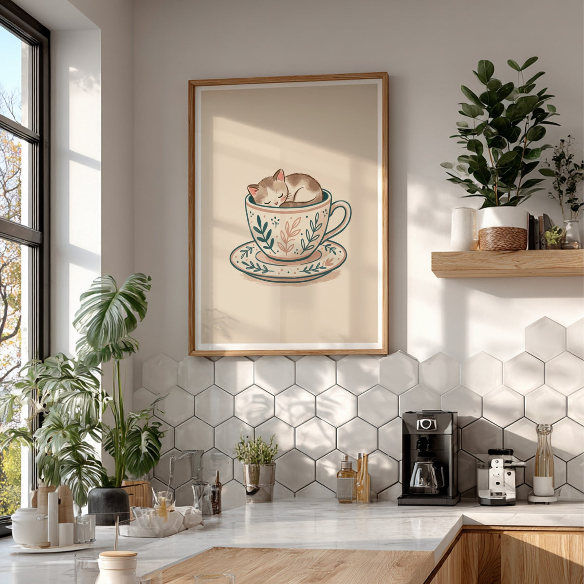 Poster of a small tabby kitten sleeping inside a floral patterned tea cup saucer