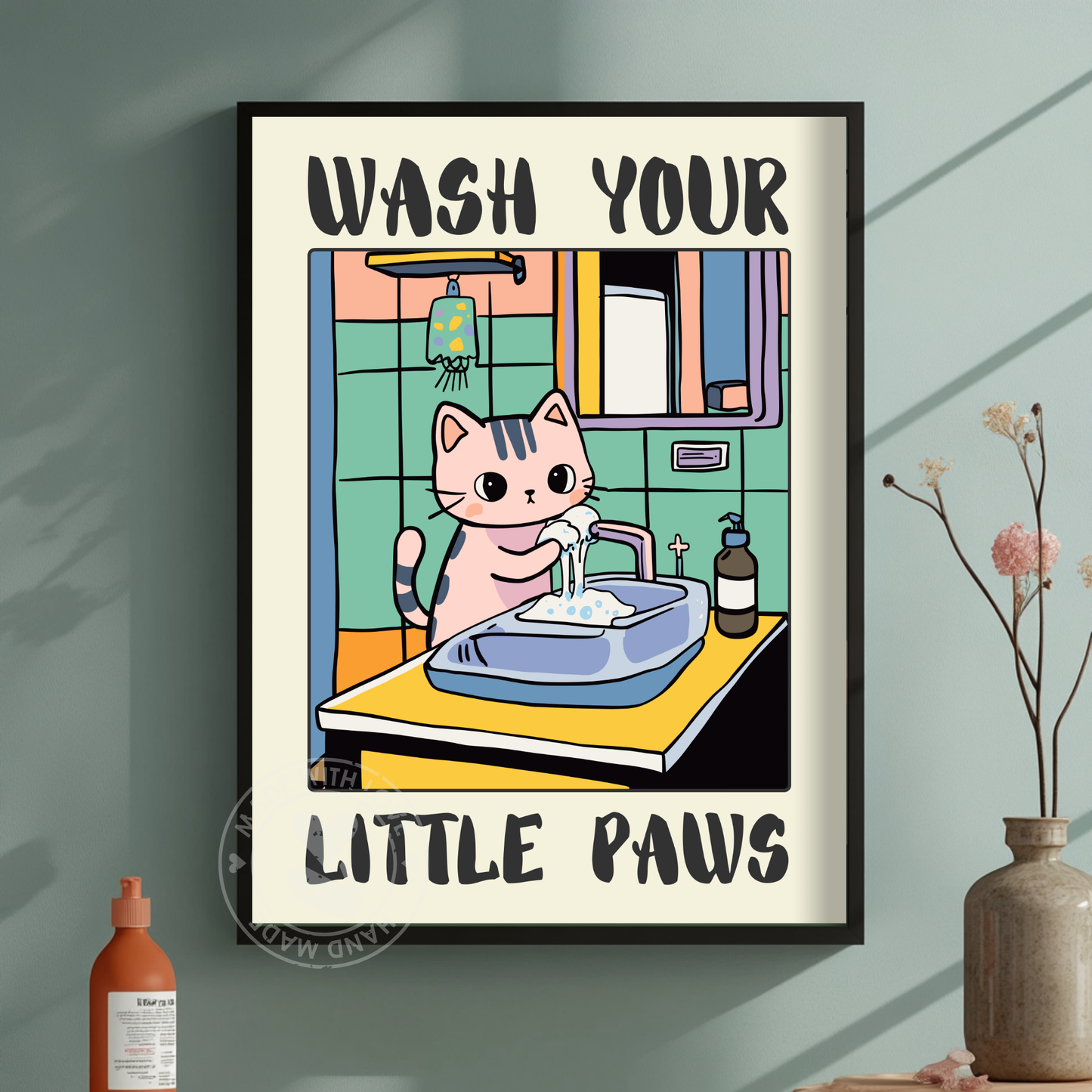 Wash Your Paws Cat Print – Kawaii Wall Art, Children's Washroom Decor, Funny Handwashing Sign
