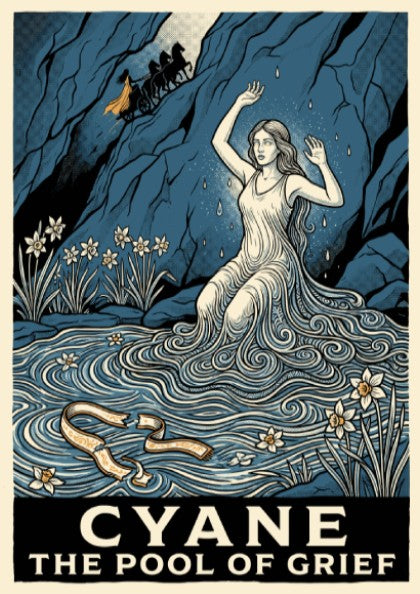 Poster featuring Cyane emerging from water with narcissus flowers and a dark blue background.