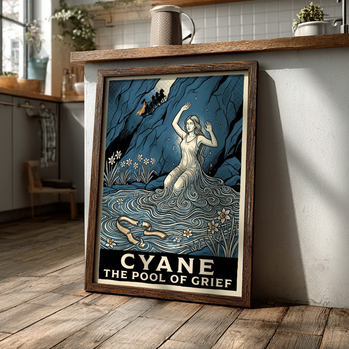 Poster featuring Cyane emerging from water with narcissus flowers and a dark blue background.