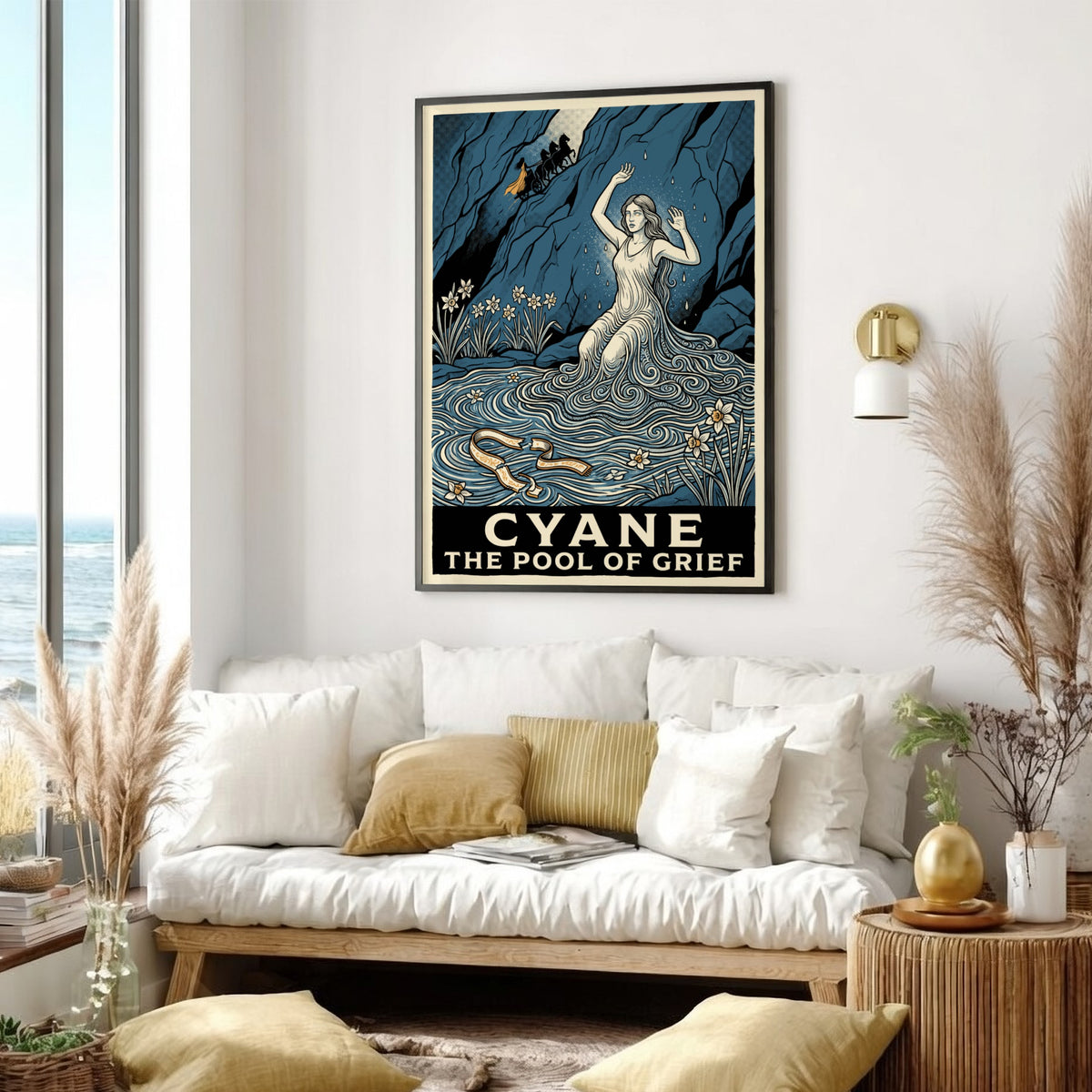 Poster featuring Cyane emerging from water with narcissus flowers and a dark blue background.