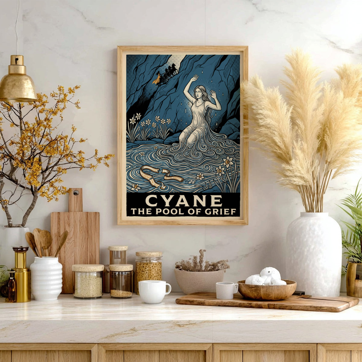 Poster featuring Cyane emerging from water with narcissus flowers and a dark blue background.