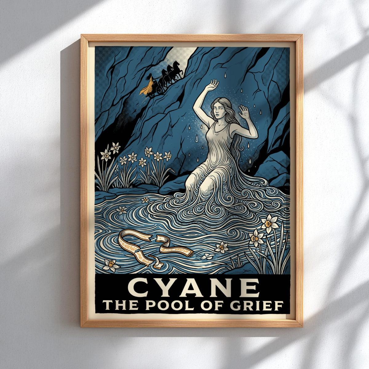 Poster featuring Cyane emerging from water with narcissus flowers and a dark blue background.
