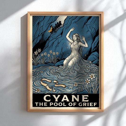 Poster featuring Cyane emerging from water with narcissus flowers and a dark blue background.