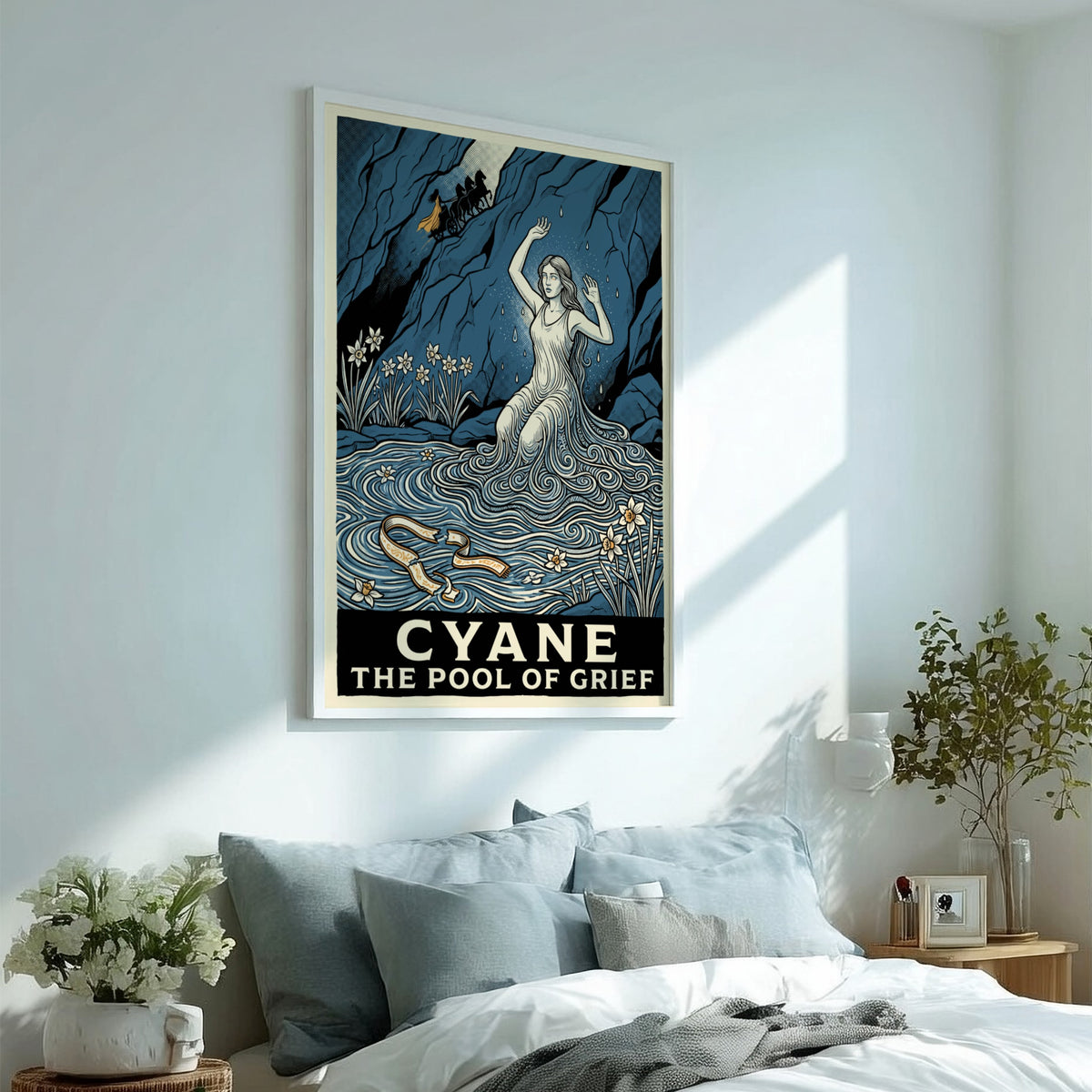 Poster featuring Cyane emerging from water with narcissus flowers and a dark blue background.