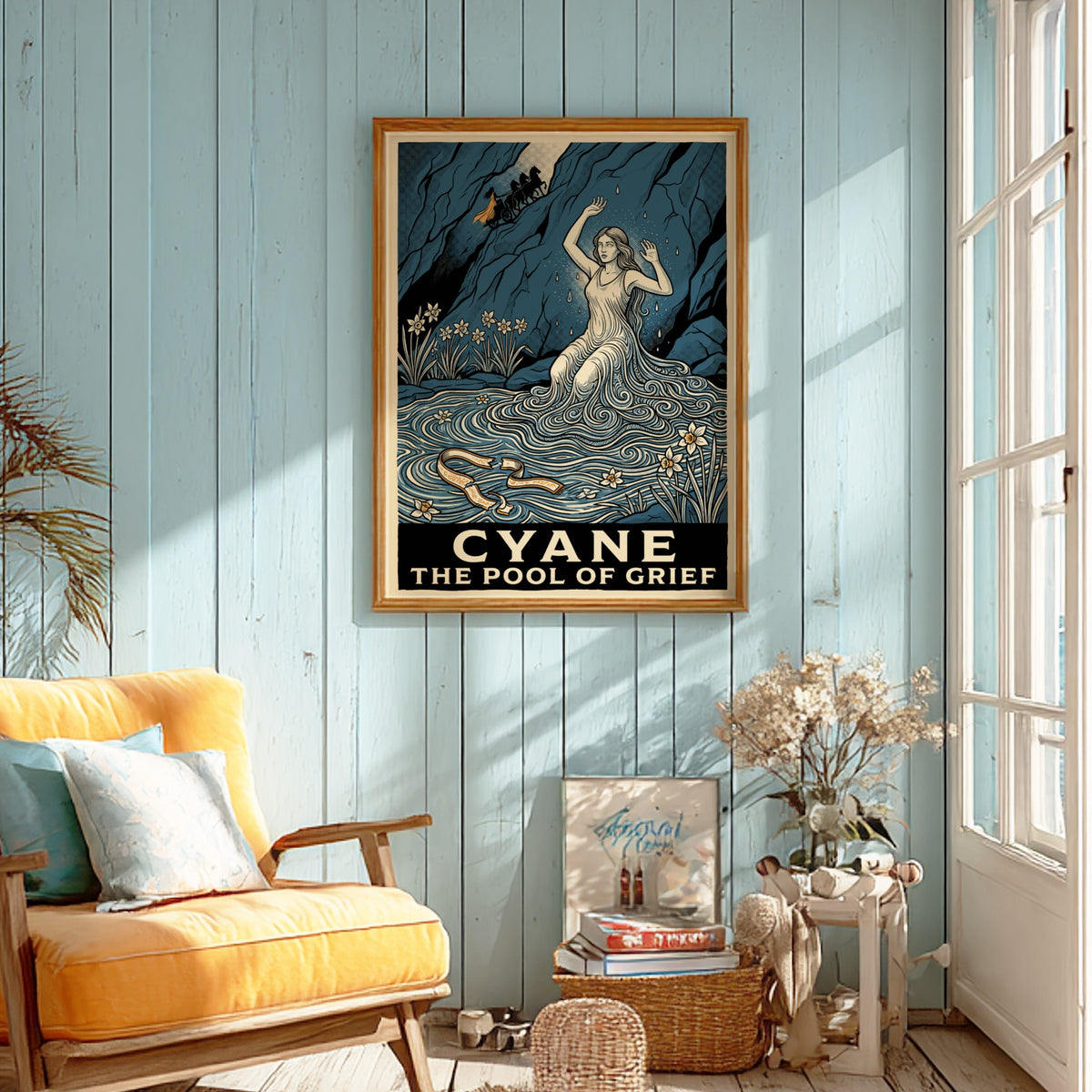 Poster featuring Cyane emerging from water with narcissus flowers and a dark blue background.