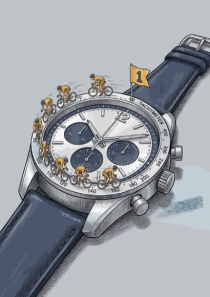 Poster featuring cyclists racing around a silver watch face with a yellow flag.
