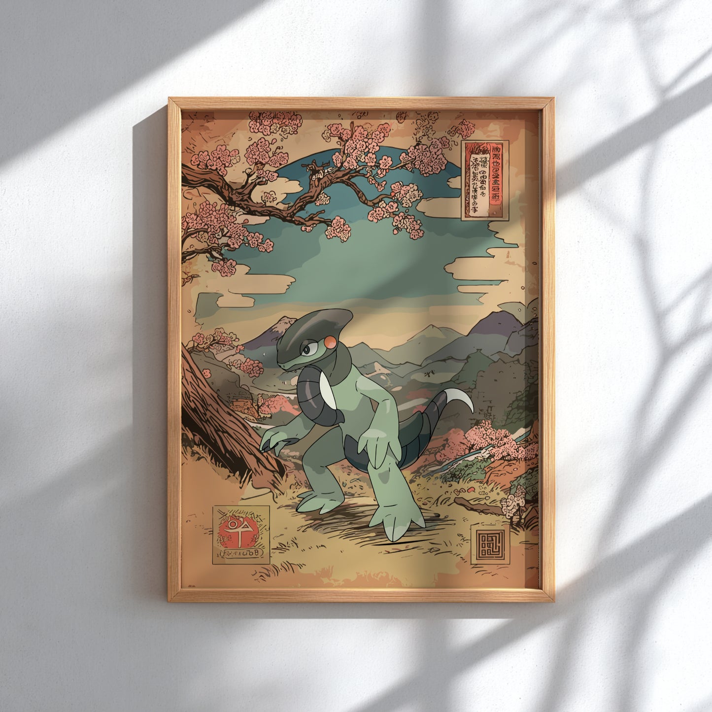 Framed artwork of a stylized Cyclizar Pokemon character in a landscape with cherry blossoms