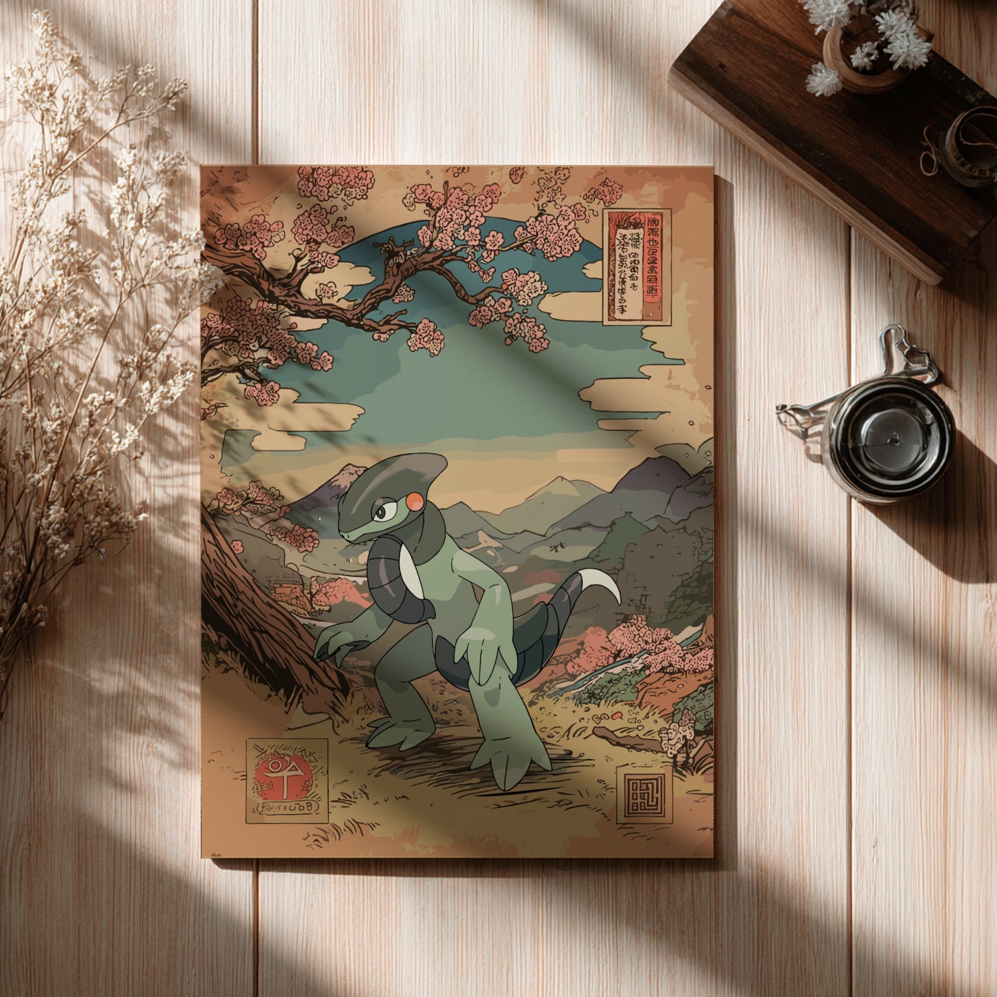 Illustration of Cyclizar Pokemon with a cherry blossom branch on a wooden surface