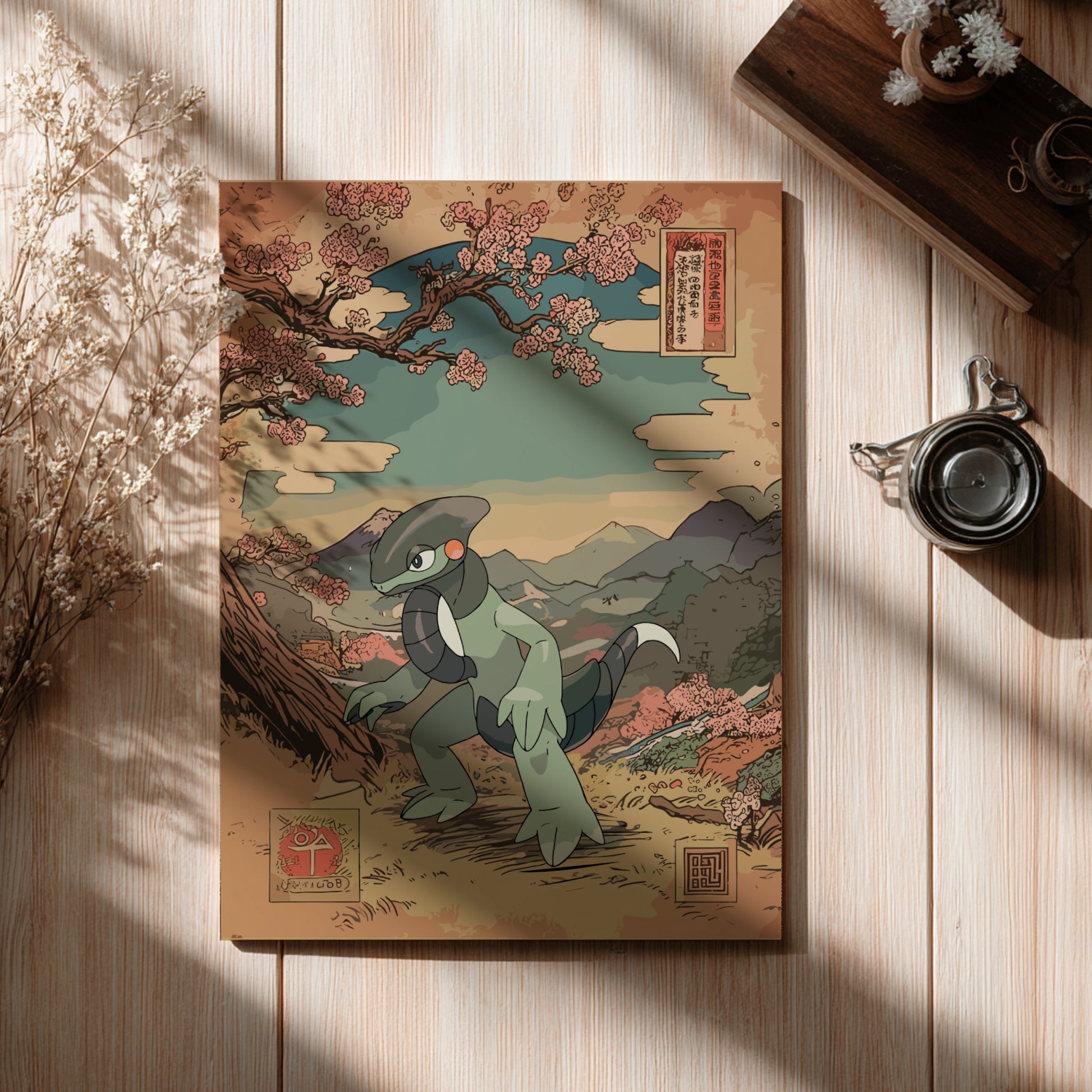 Illustration of Cyclizar Pokemon with a cherry blossom branch on a wooden surface