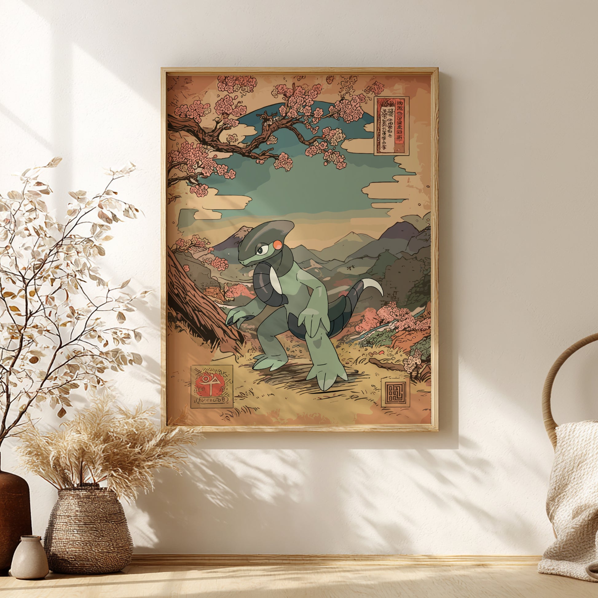 Framed artwork of a traditional Japanese scene with Cyclizar Pokemon and cherry blossoms on a wall.