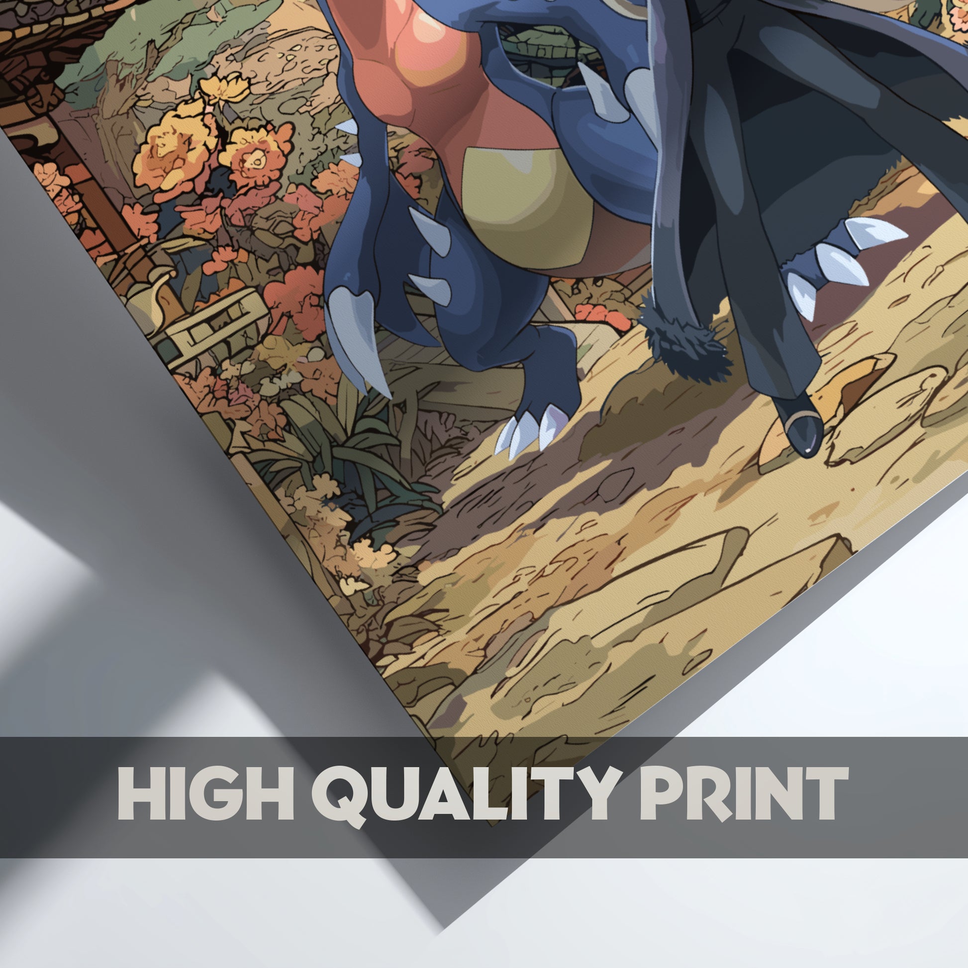Cynthia and Garchomp Pokemon characters with a high quality print label