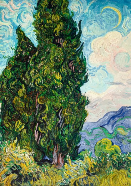 Vincent Van Gogh's "Cypresses" art poster, featuring a tall green tree against a swirling blue sky and