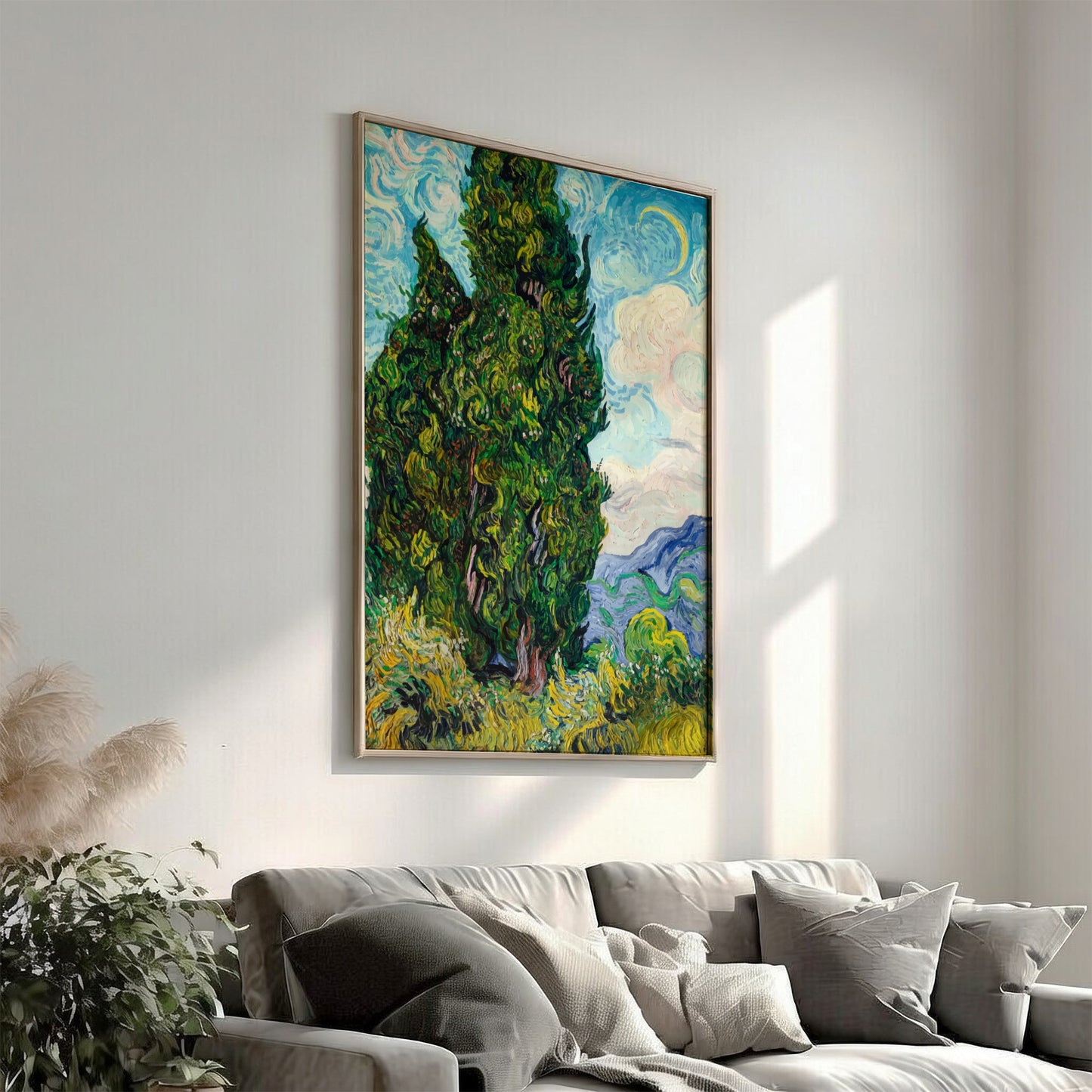 Vincent Van Gogh's "Cypresses" art poster, featuring a tall green tree against a swirling blue sky and
