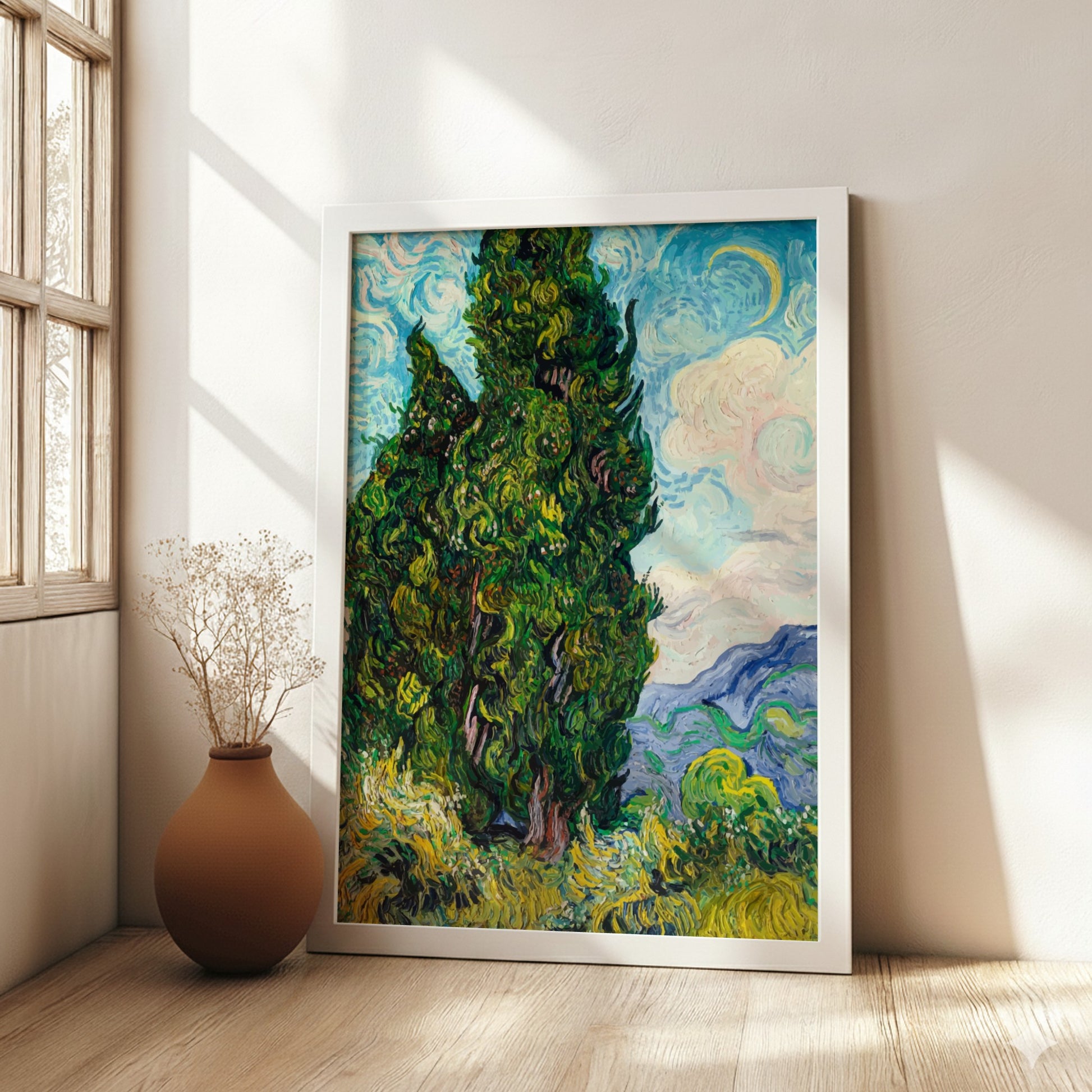 Vincent Van Gogh's "Cypresses" art poster, featuring a tall green tree against a swirling blue sky and