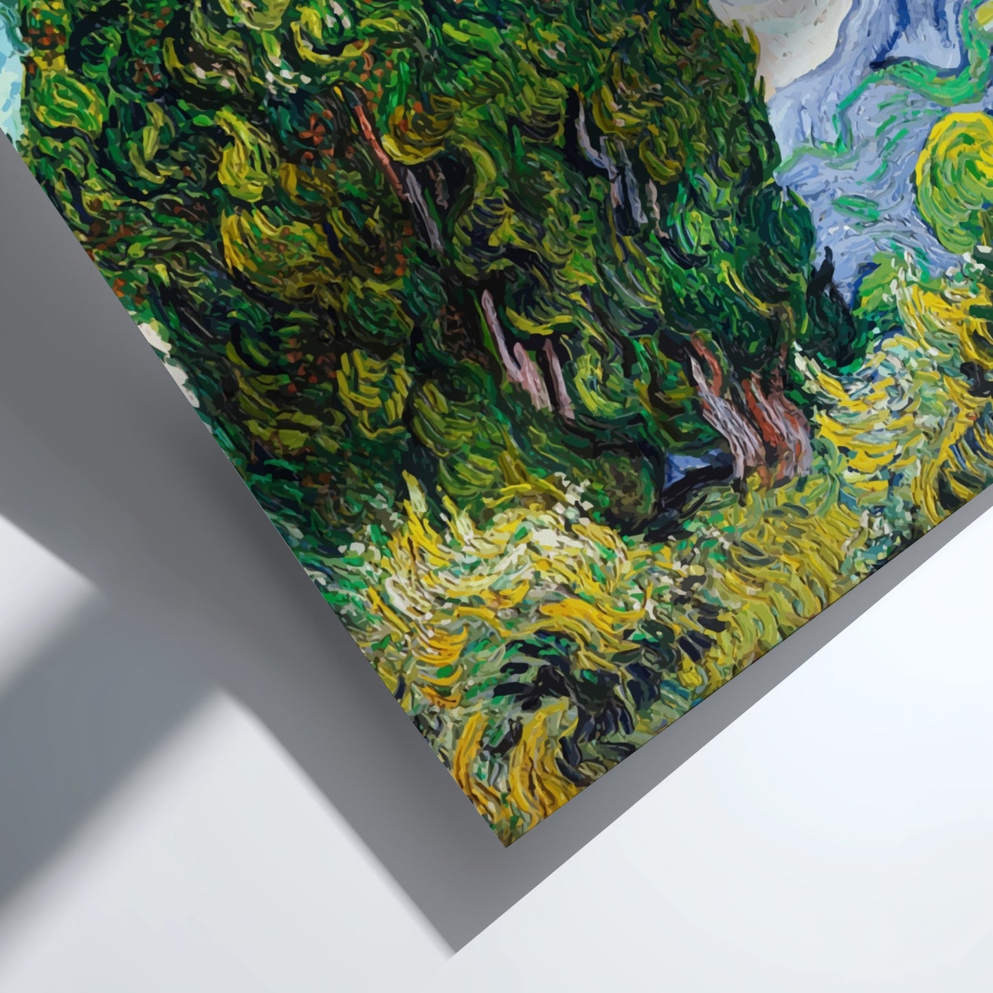 Vincent Van Gogh's "Cypresses" art poster, featuring a tall green tree against a swirling blue sky and