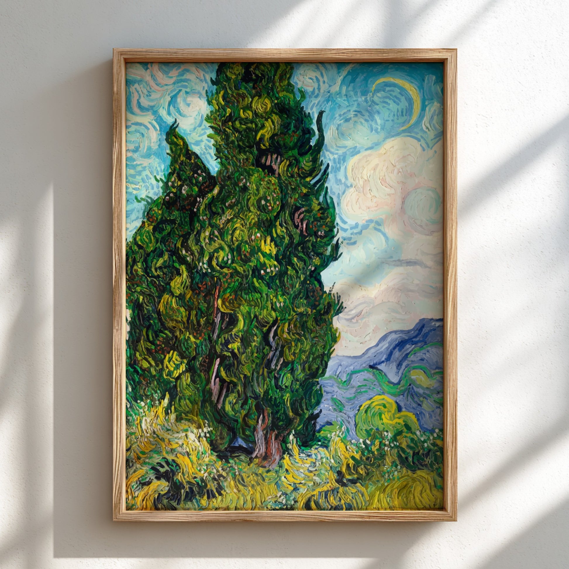 Vincent Van Gogh's "Cypresses" art poster, featuring a tall green tree against a swirling blue sky and