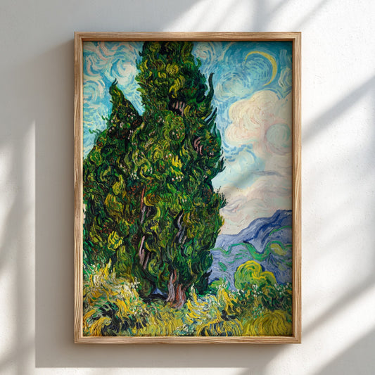 Vincent Van Gogh's "Cypresses" art poster, featuring a tall green tree against a swirling blue sky and