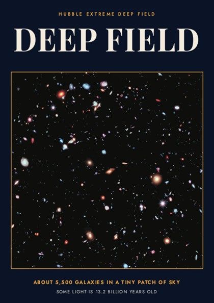 Poster featuring the Hubble Extreme Deep Field with thousands of galaxies in deep space
