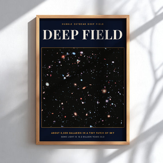 Poster featuring the Hubble Extreme Deep Field with thousands of galaxies in deep space
