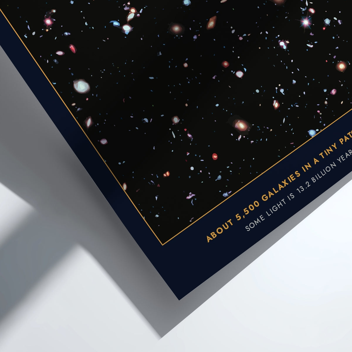 Poster featuring the Hubble Extreme Deep Field with thousands of galaxies in deep space