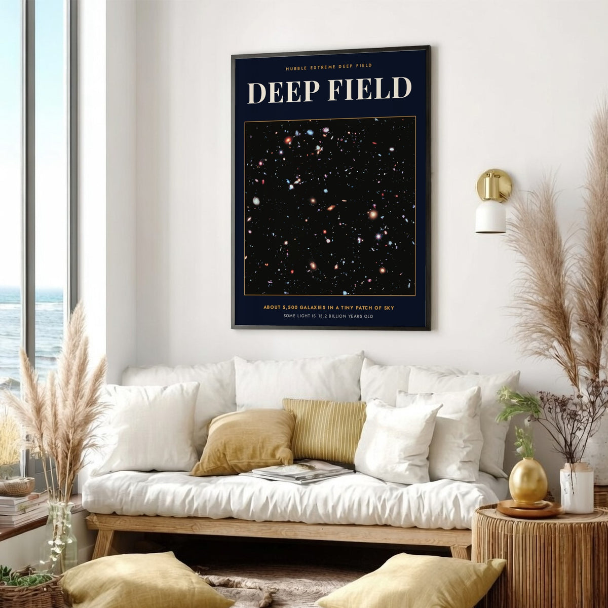 Poster featuring the Hubble Extreme Deep Field with thousands of galaxies in deep space