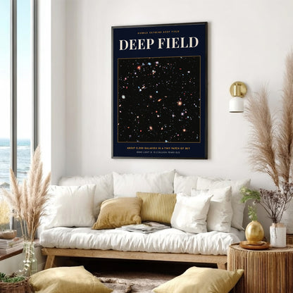 Poster featuring the Hubble Extreme Deep Field with thousands of galaxies in deep space