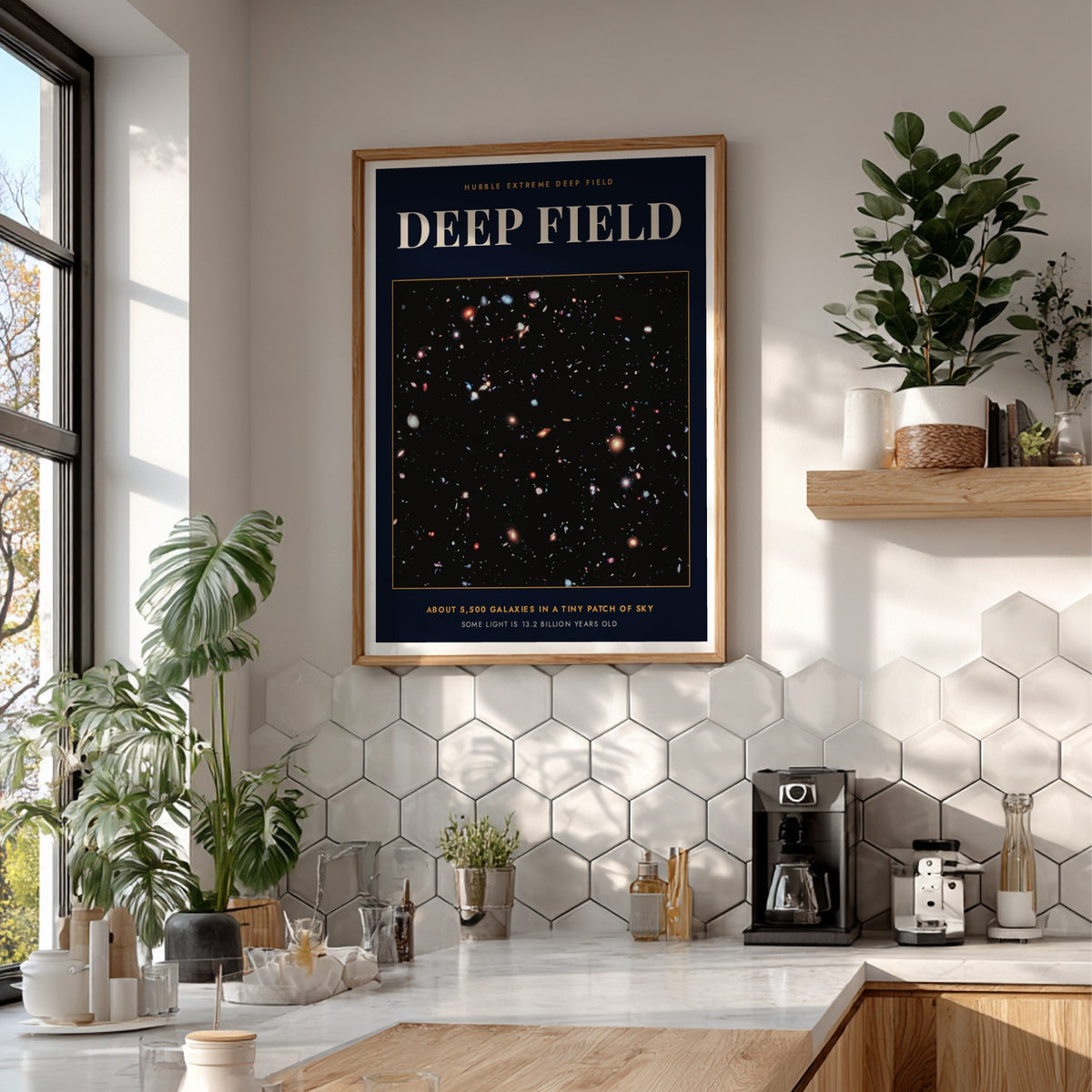 Poster featuring the Hubble Extreme Deep Field with thousands of galaxies in deep space