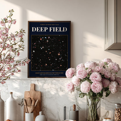Poster featuring the Hubble Extreme Deep Field with thousands of galaxies in deep space