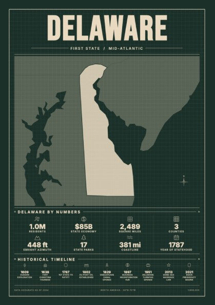 Delaware poster showcasing state details in forest colors, perfect for home decor.