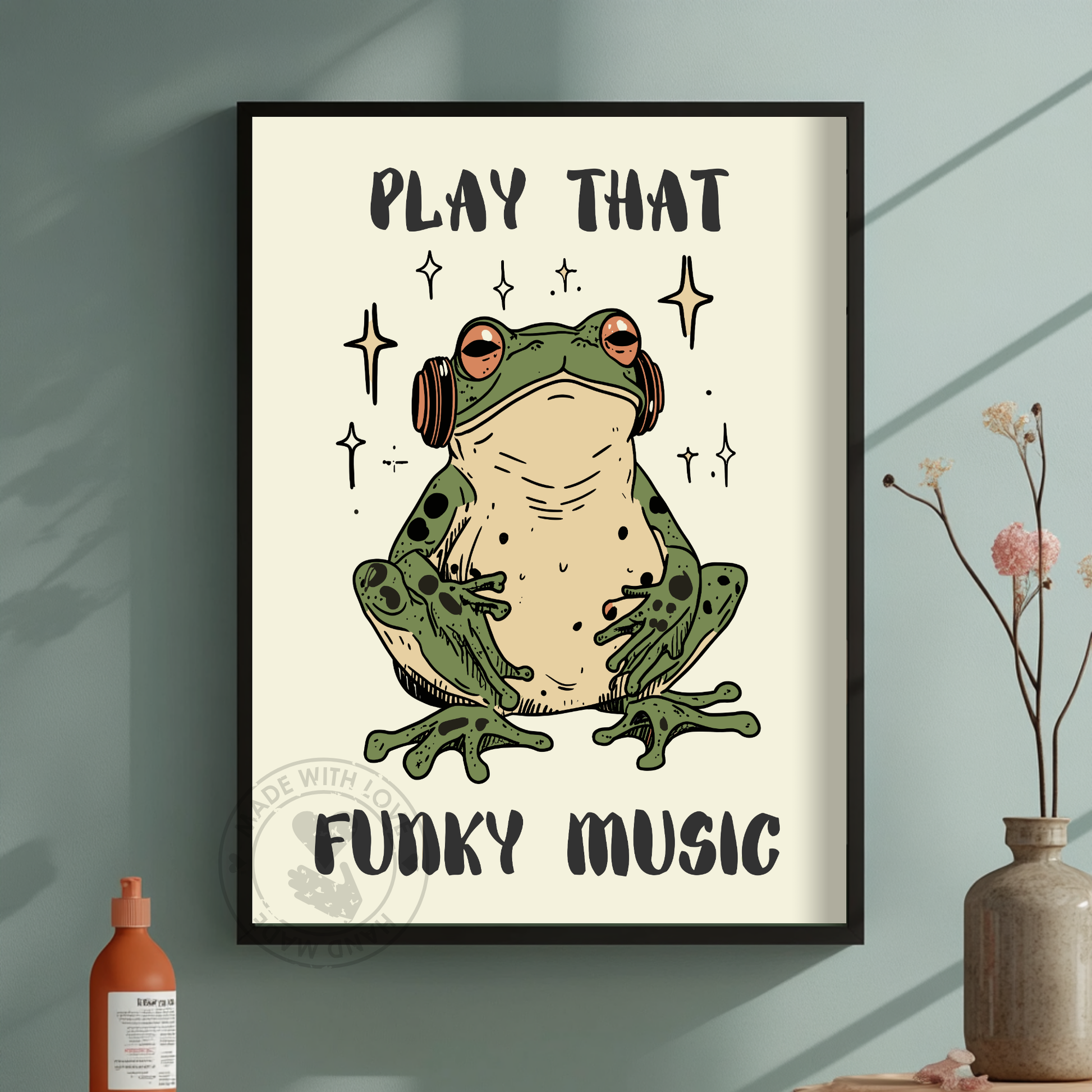 Play That Funky Music – Cool Frog Poster, Funny Retro Wall Art, Hipster Illustration, Funky Room Aesthetic