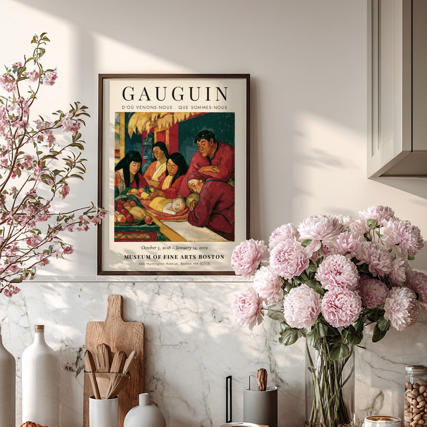 Gauguin exhibition poster featuring D'où Venons-Nous artwork with warm colors and serene figures