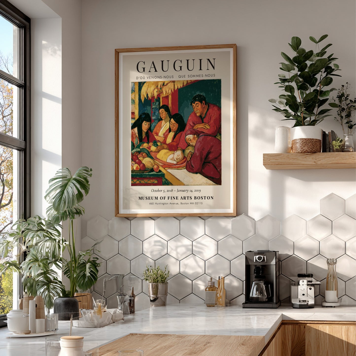 Gauguin exhibition poster featuring D'où Venons-Nous artwork with warm colors and serene figures