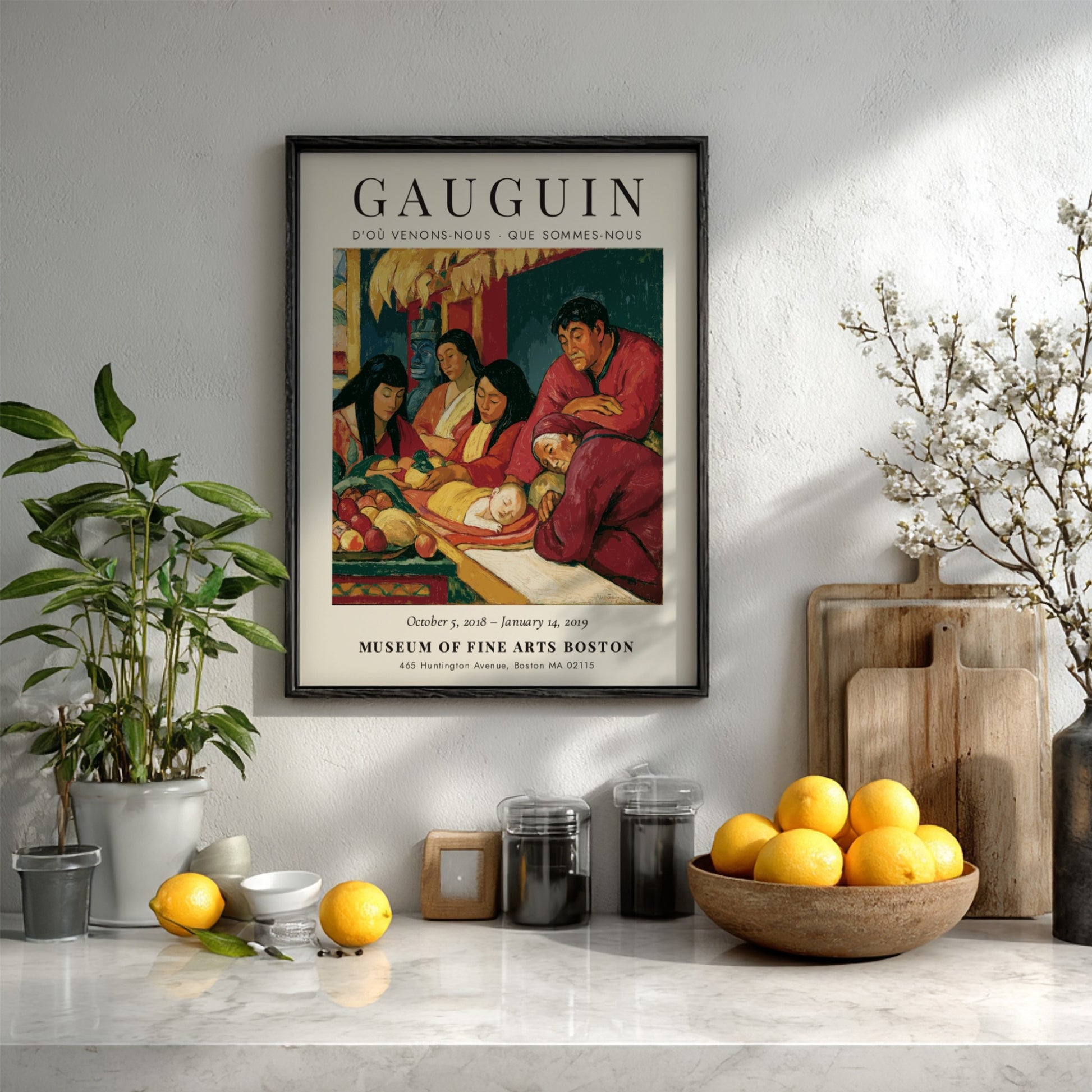 Gauguin exhibition poster featuring D'où Venons-Nous artwork with warm colors and serene figures