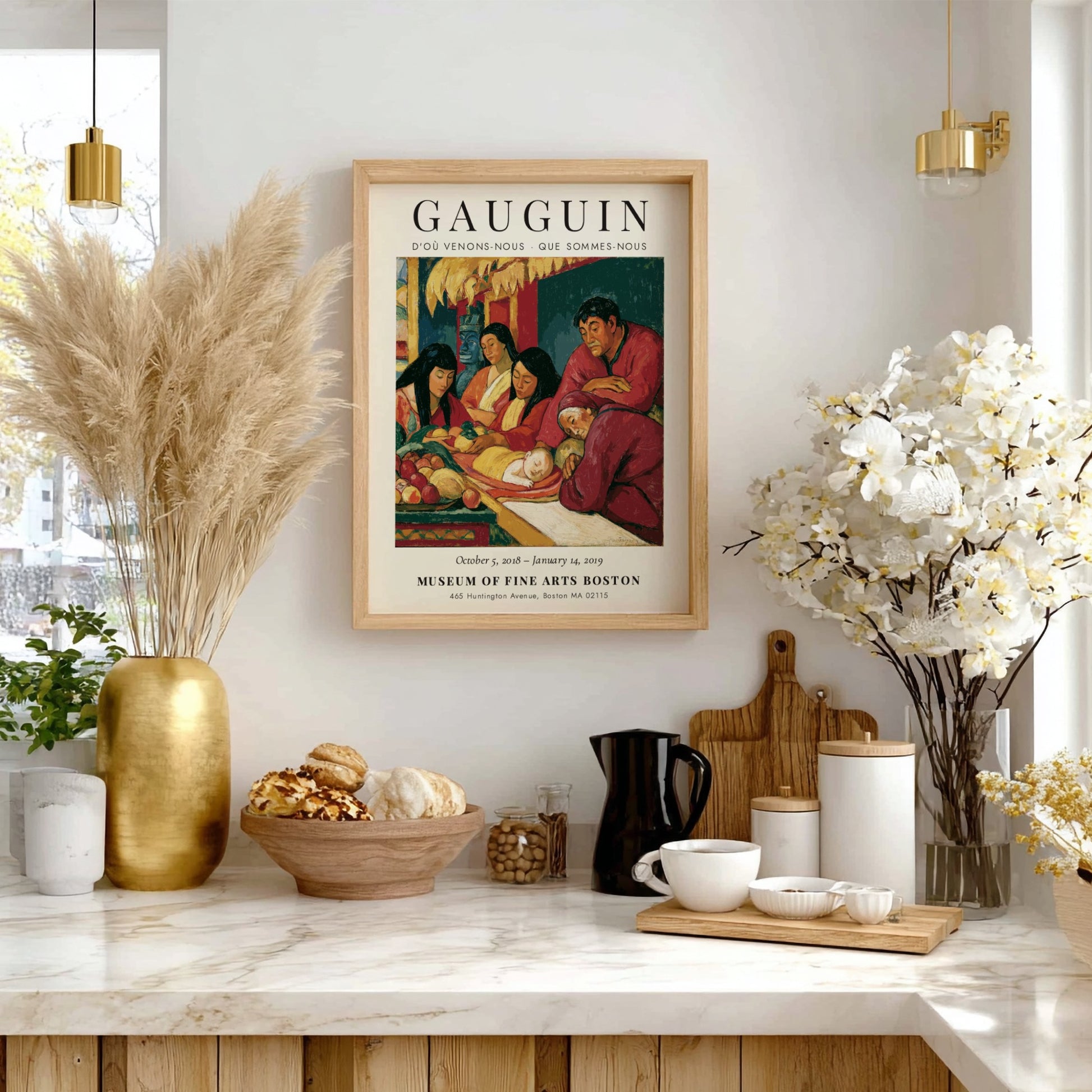 Gauguin exhibition poster featuring D'où Venons-Nous artwork with warm colors and serene figures