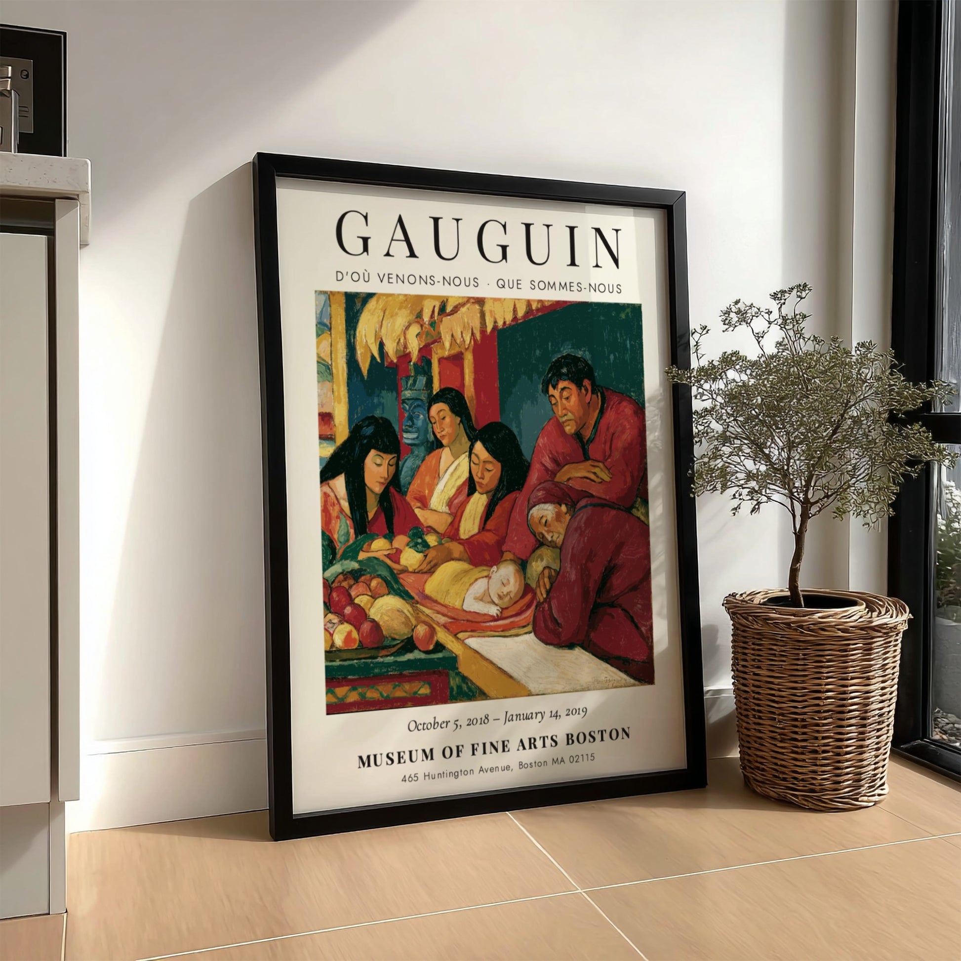 Gauguin exhibition poster featuring D'où Venons-Nous artwork with warm colors and serene figures