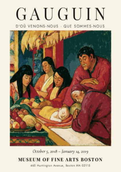 Gauguin exhibition poster featuring D'où Venons-Nous artwork with warm colors and serene figures