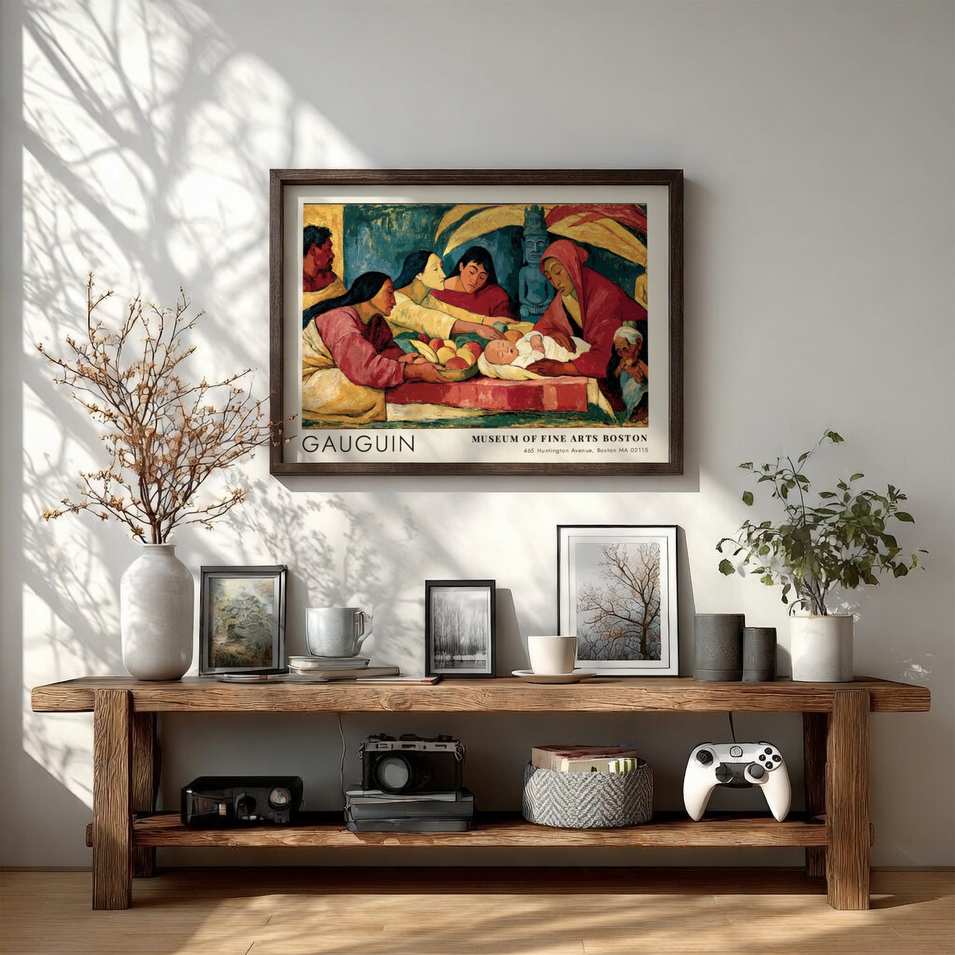 Wall art poster featuring Gauguin's D'où Venons-Nous Que Sommes-Nous in a wooden frame.