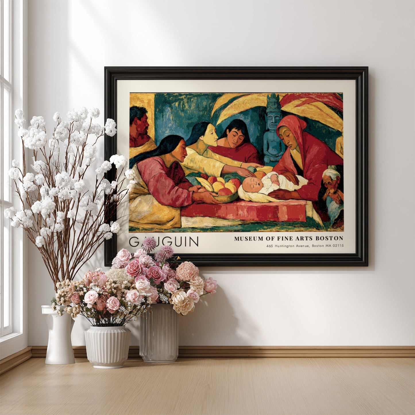 Wall art poster featuring Gauguin's D'où Venons-Nous Que Sommes-Nous in a wooden frame.